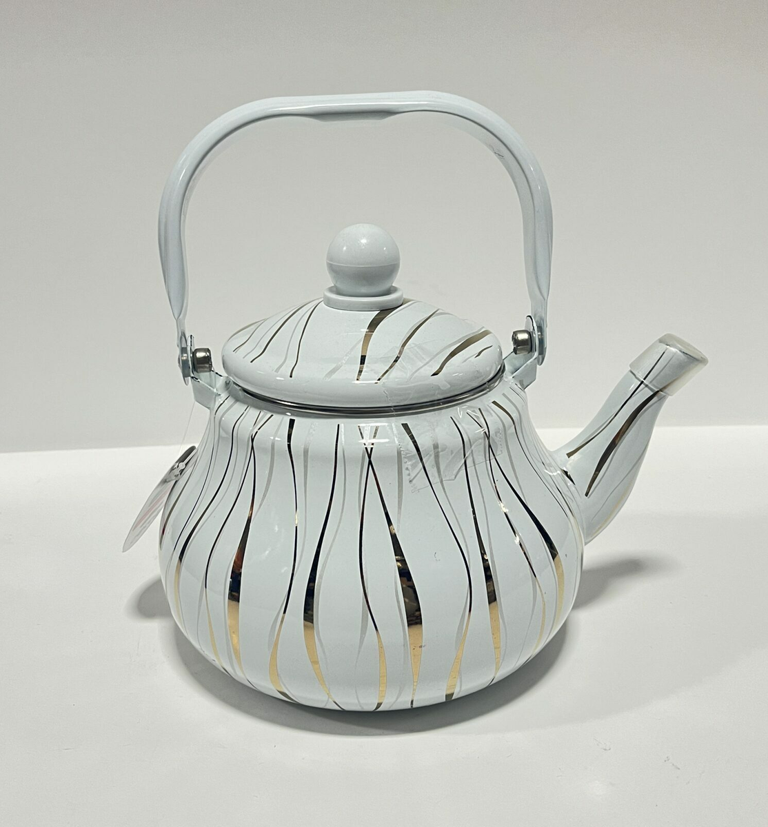 TEA KETTLE ENAMEL WHITE GOLD STRIP