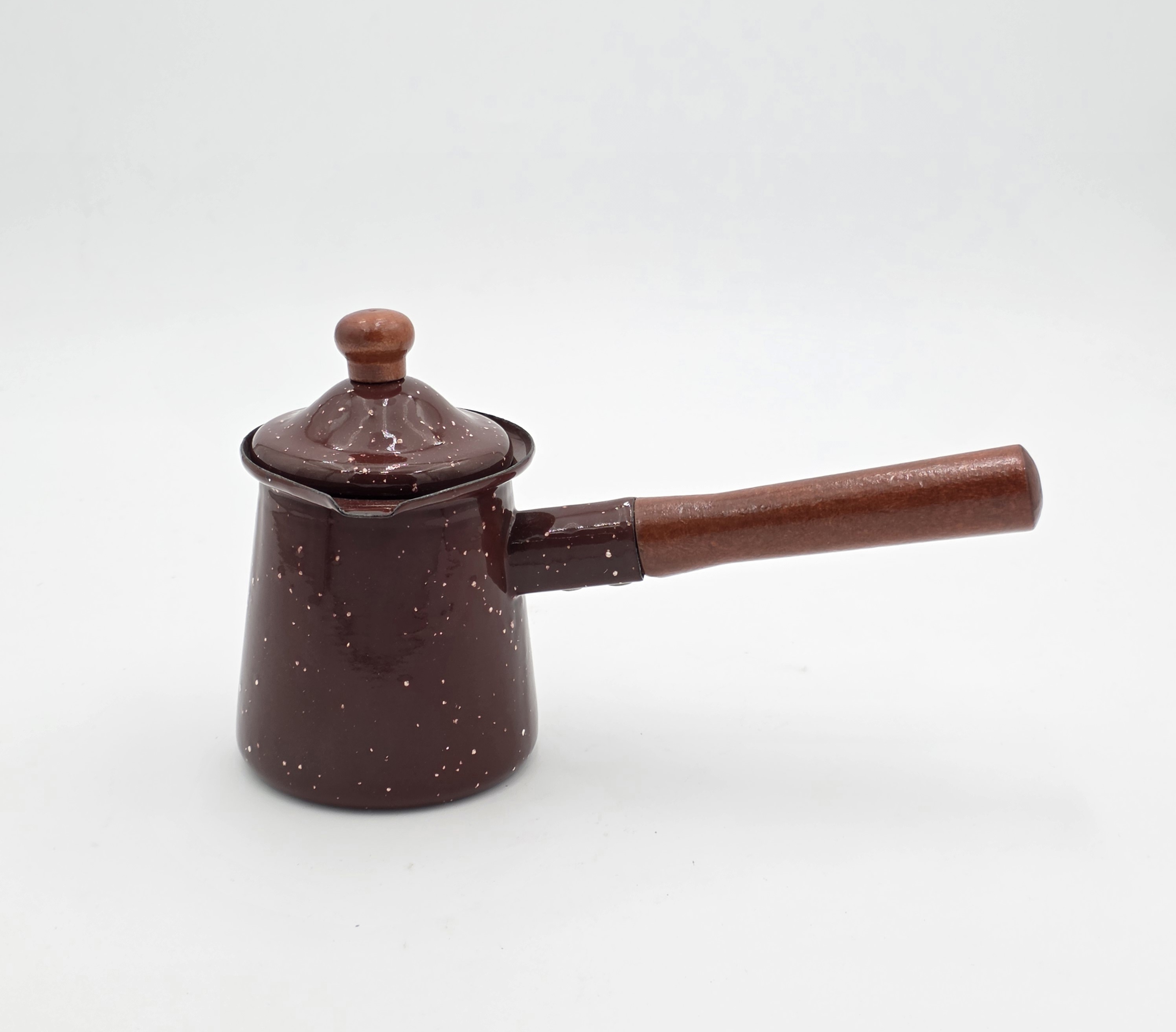ENAMEL COFFEE WARMER WOODEN HANDLE